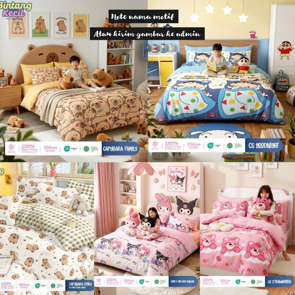Bedcover Set Sprei Katun Lokal  Motif Capybara Sanrio Lotso Kuromi Melody Hellokitty Nailonng Stich 