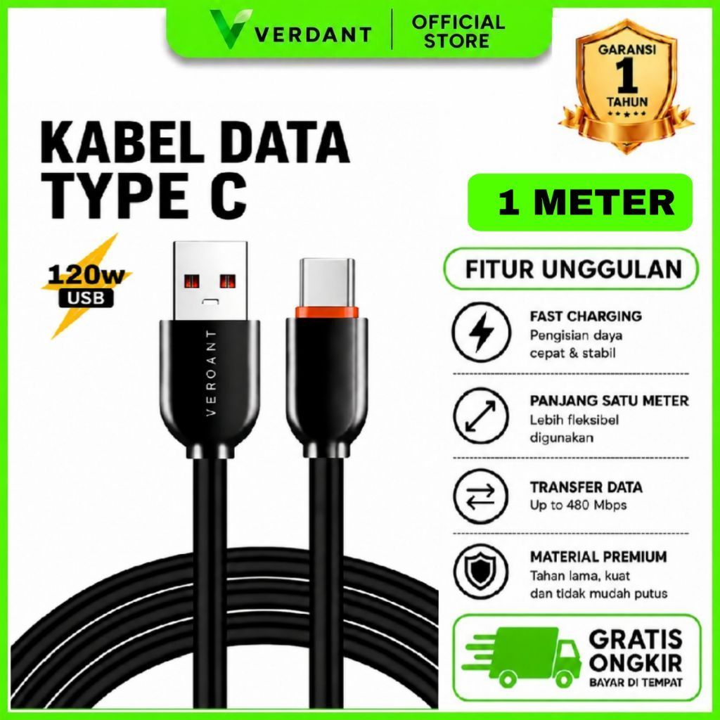 KABEL DATA USB TYPE C VUC-02 CABLE 3A QC3.0 SUPER FAST CHARGING 120W BY VERDANT