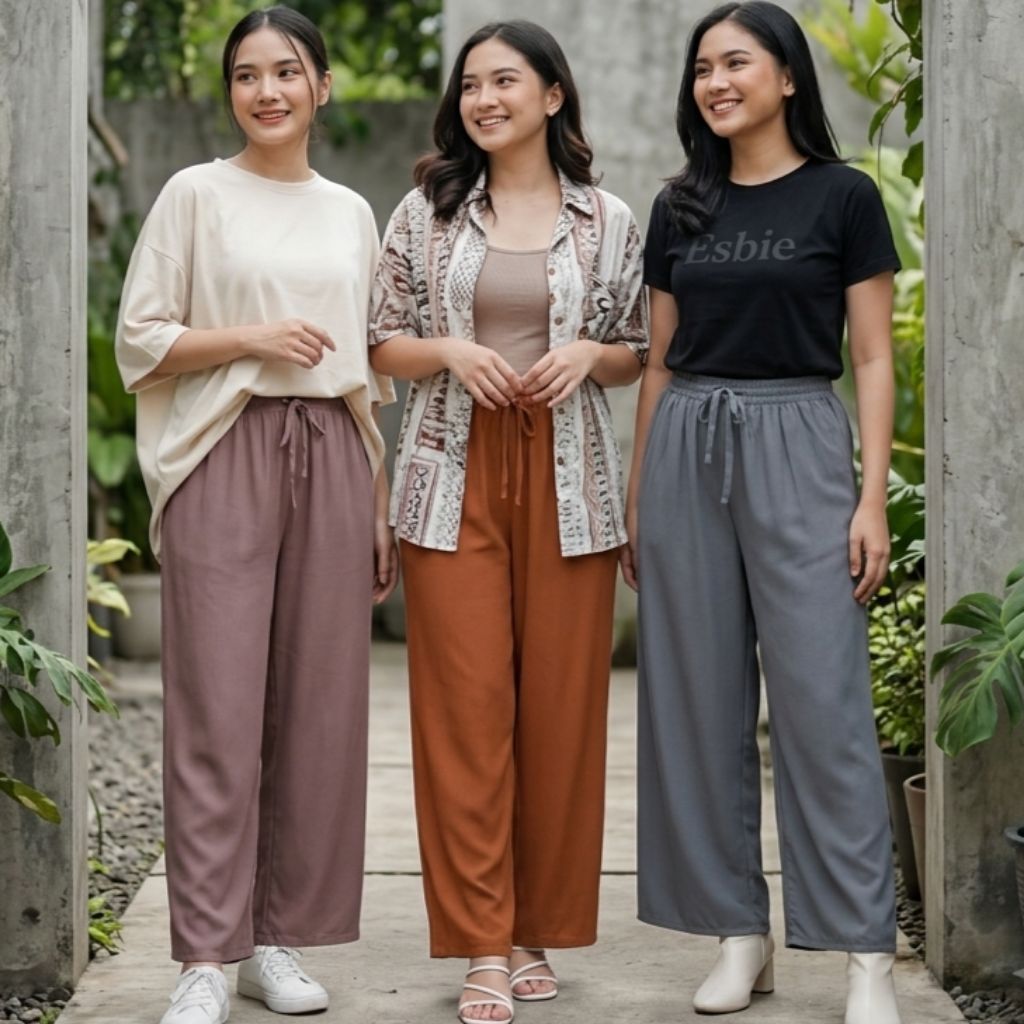 Esbie - Celana Kulot Wanita Polos Rayon Kulot Highwaist Daily