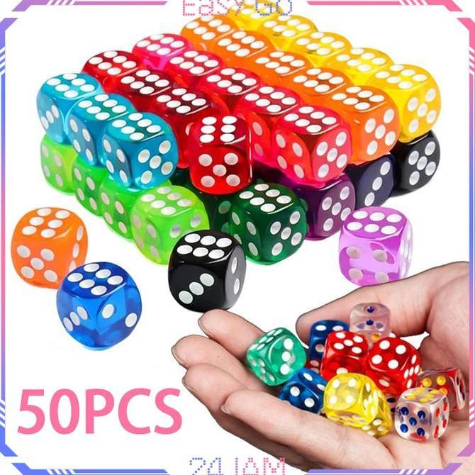 Isi 50pcs 14mm Dadu Warna Warni Dice Set Dadu Transparan Sudut Bulat Dadu Bening Board Game