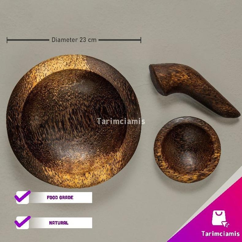 cobek set kayu aren premium bulat 23cm + tempat sambal