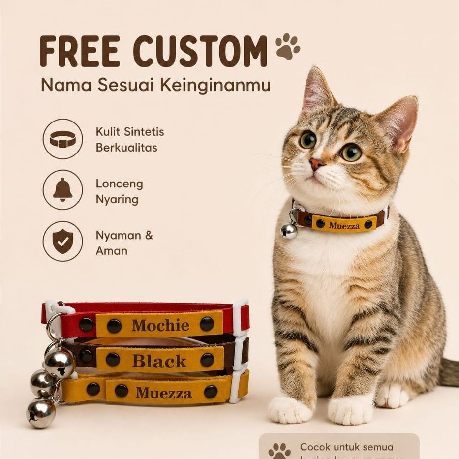 Kalung Kucing Custom Nama dengan Lonceng Nyaring, Bahan Kulit Premium, Aman untuk Semua Jenis Kucing