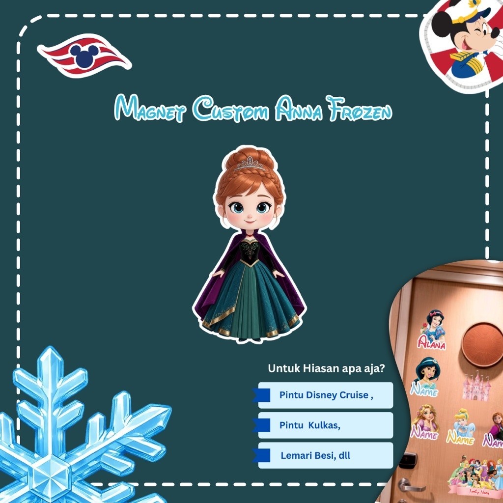Magnet Custom Anna Frozen untuk Hiasan Pintu Disney Cruise Kulkas Lemari Besi