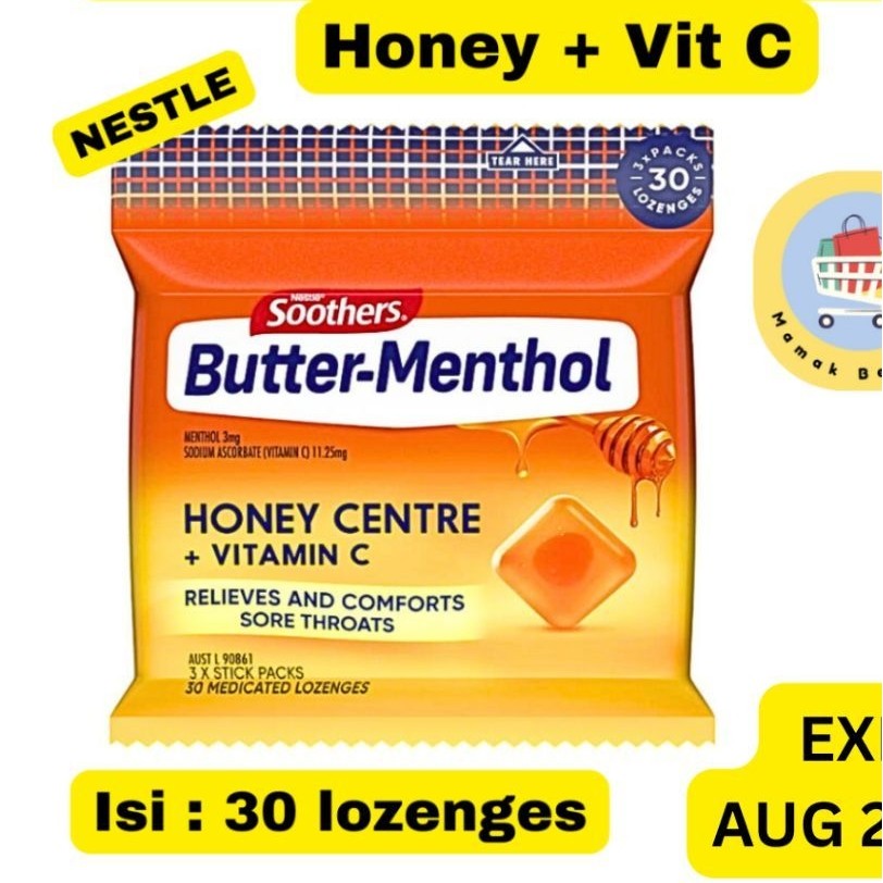 Soothers Butter-Menthol Lozenges 3 x 10 honey centre VIT c sore throat permen radang tenggorokan