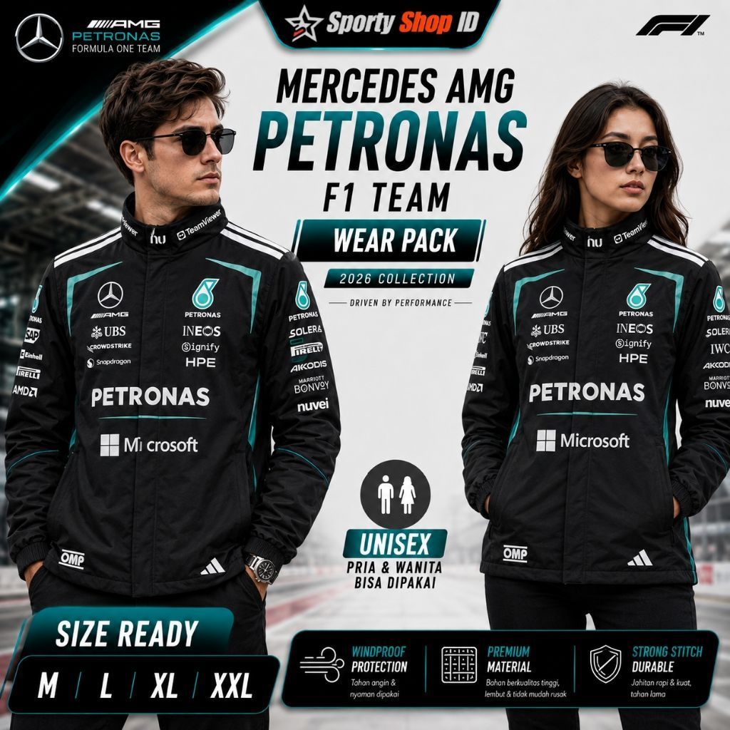 Jaket Race Mercedes AMG Petronas F1 2026 Unisex Windproof Waterproof Racing Jacket Pria Wanita Premi