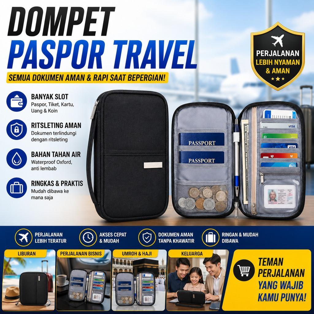 Dompet Paspor Travel Organizer Dokumen Passport Holder Ritsleting Banyak Slot Tiket Pesawat Kartu AT
