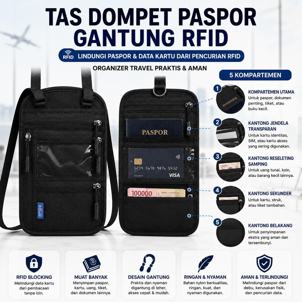 Dompet Paspor Travel Gantung Leher RFID Blocking Neck Wallet Organizer Dokumen Tiket Kartu Uang Aman