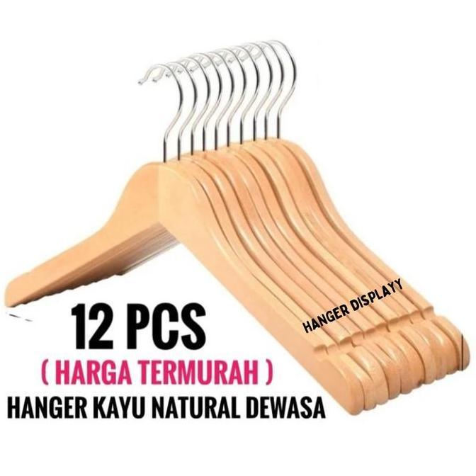 Sendtwo- Hanger Kayu Desa (Wood) Rna Natural 1 Lusin / Gantungan Baju Butik Distro / Hanger (12 Pcs)