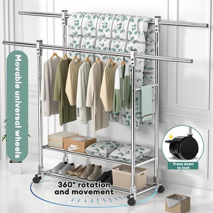 Rak Gantungan Baju Berdiri Stainless Steel Tebal Jemuran Baju Stainless Jemuran Baju Dobel Pool Roda