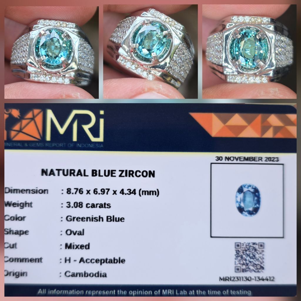 Batu Natural Greenish Blue Zircon Memo 3.08 crt