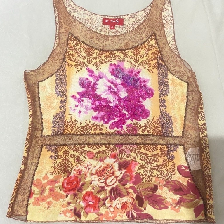 Vintage Y2K René Derhy Floral Sequined Mesh Tank Top / Boho Fairycore Sleeveless
