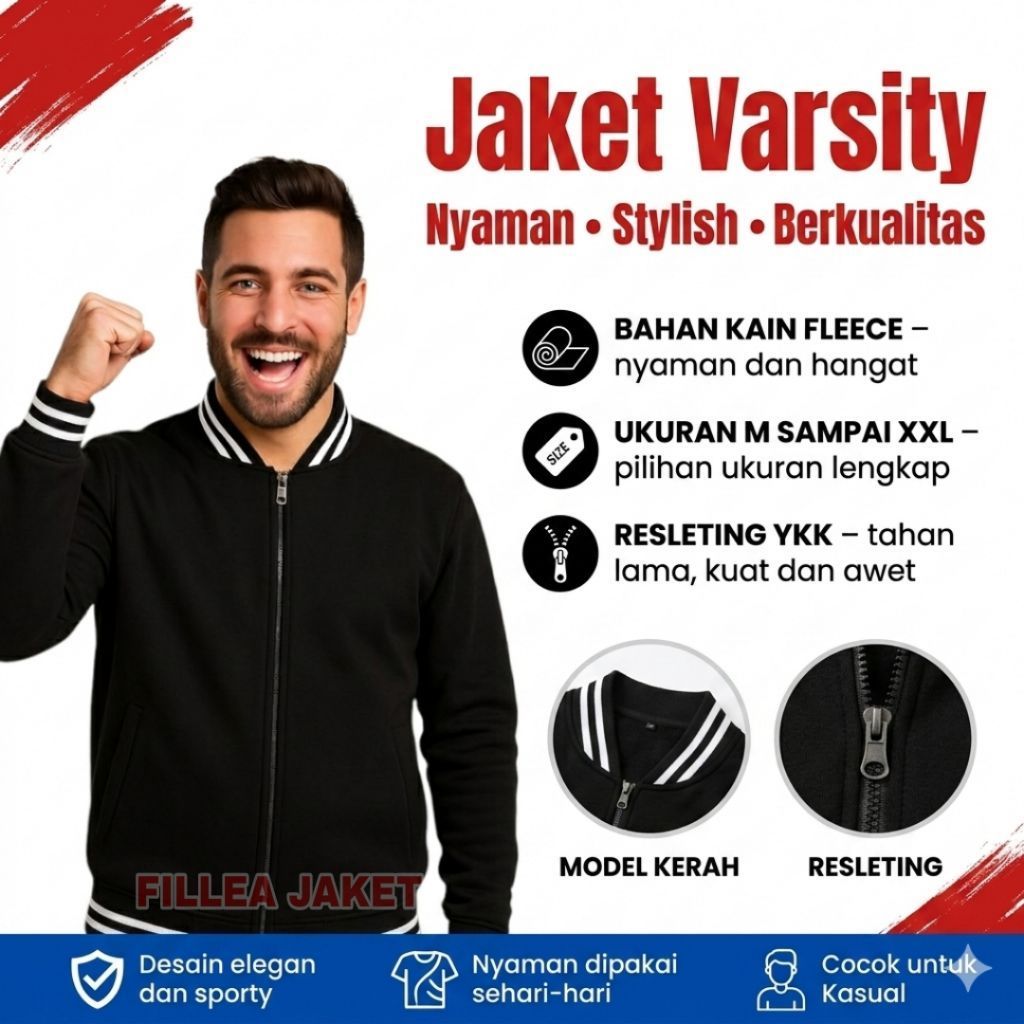 Jacket Varsity Baseball resleting polosan casual M-XXL | jacket Varsity Baseball zipper polosan Mera