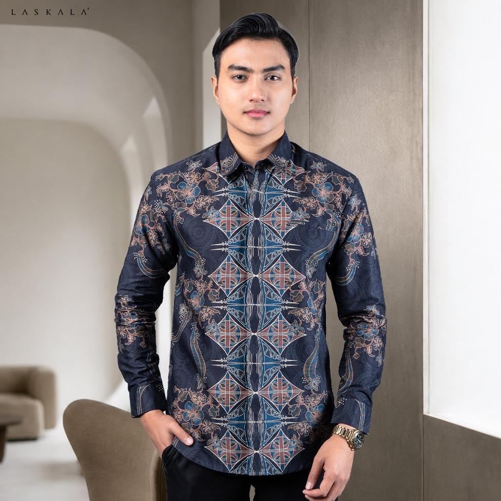 ORIGINAL LASKALA BATIK PREMIUM SEMANGGI NAVY KEMEJA BATIK PRIA SLIMFIT LENGAN PANJANG