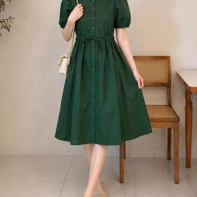 Dress Midi Puff Sleeve Premium Wanita Lengan Balon Kancing Depan Pinggang Serut Emerald Green
