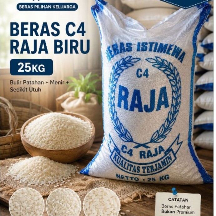 Beras C4 Raja Biru 25kg | Kode14 | Beras Patahan + Utuh | Pulen | Beras Medium Bukan Premium
