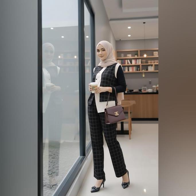 DN43 - SH-MIYUMI ROMPI KOTAK-ONESET TERBARU Baju Muslim Panjang Wanita Gamis Dewasa Atasan Celana Se