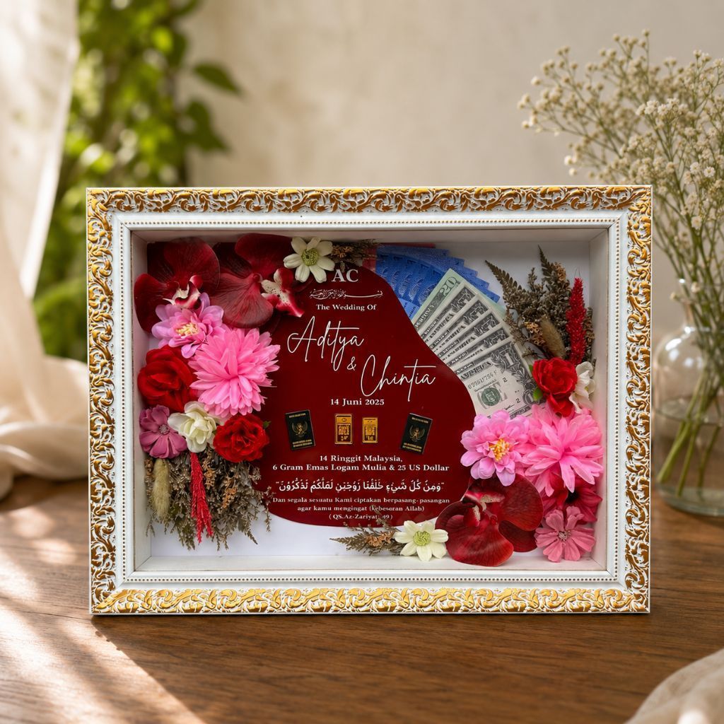Mahar Pernikahan Bingkai Ukir 3D Frame Mahar Perhiasan Logam Mulia Gold Custom Bunga Rustic Elegan M