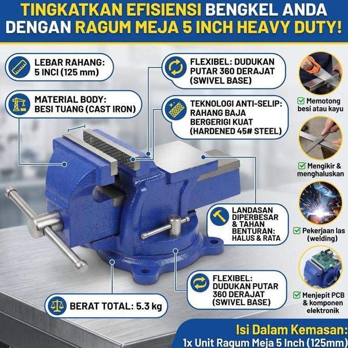 EZVECHE Ragum Meja 5 Inch 125mm Catok Paron Bench Vise Heavy Duty Swivel Base Putar 360 Derajat Alat