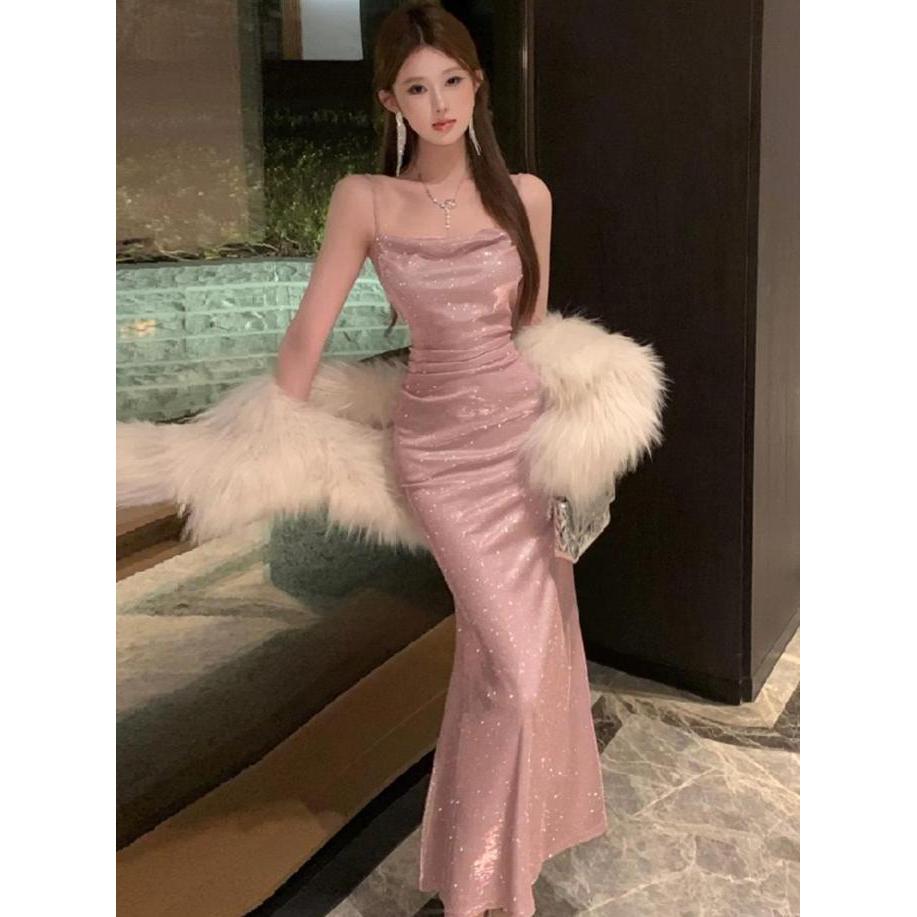 25018 MIDI dress pink Gaun Wanita Panjang Formal press body Korea dress import wanita Halter