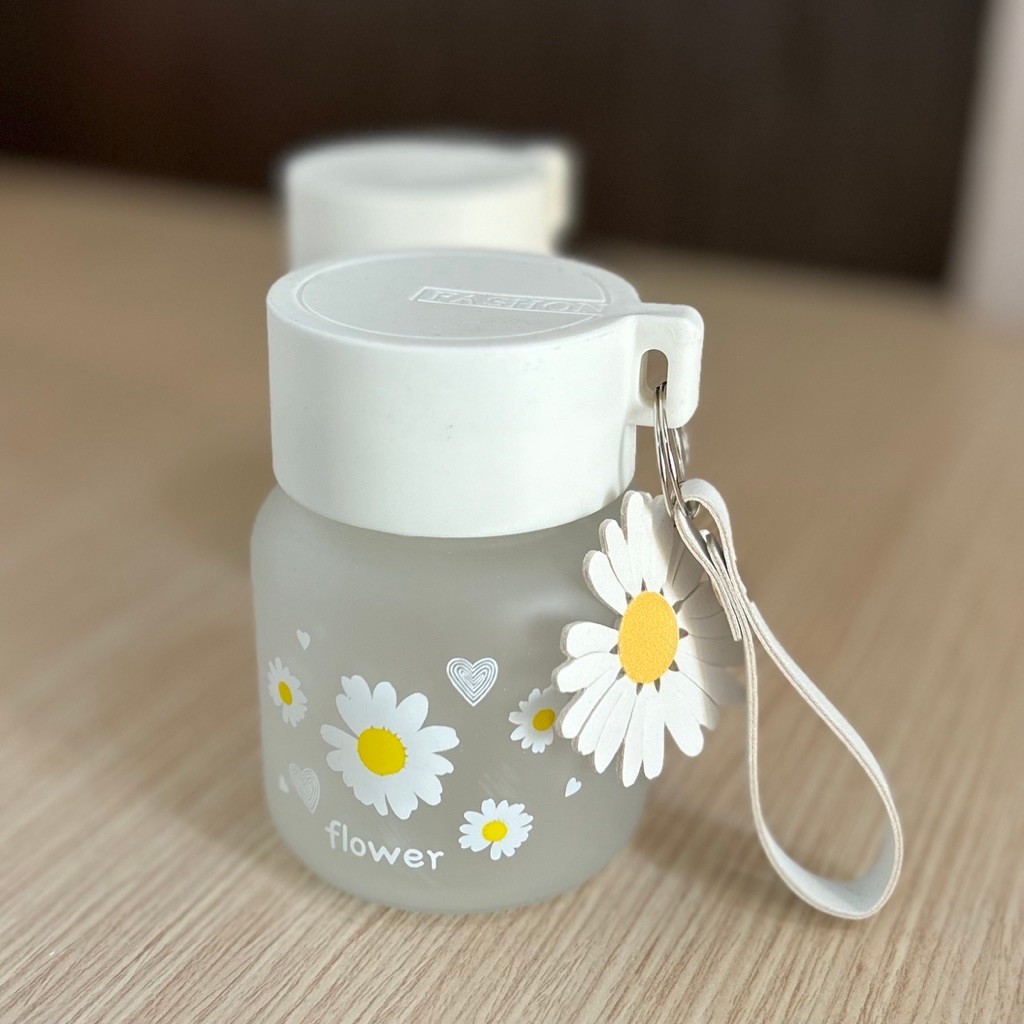 botol kaca korean aesthetic 300ml, botol unik gambar bunga daisy glass bottle