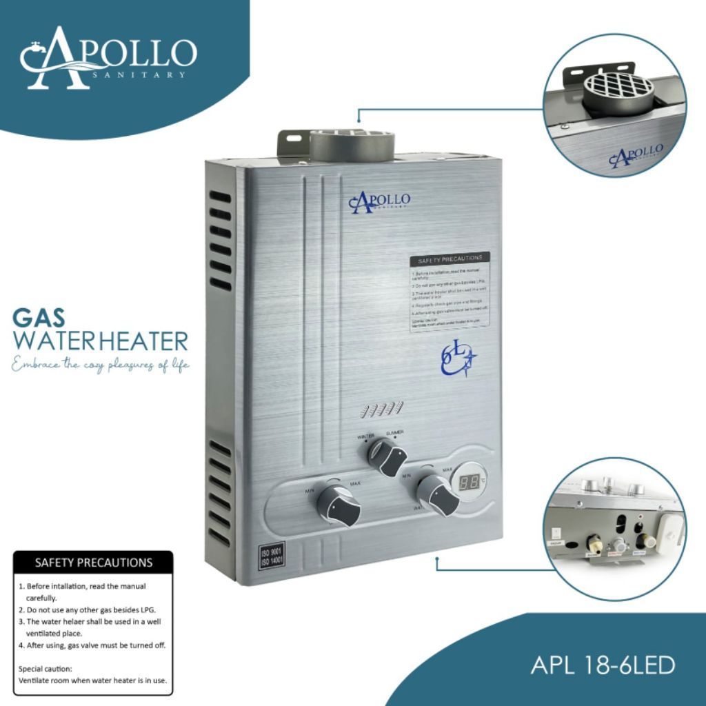 Apollo Sanitary Gas Water Heater APL 18-6LED dengan Display LED untuk LPG