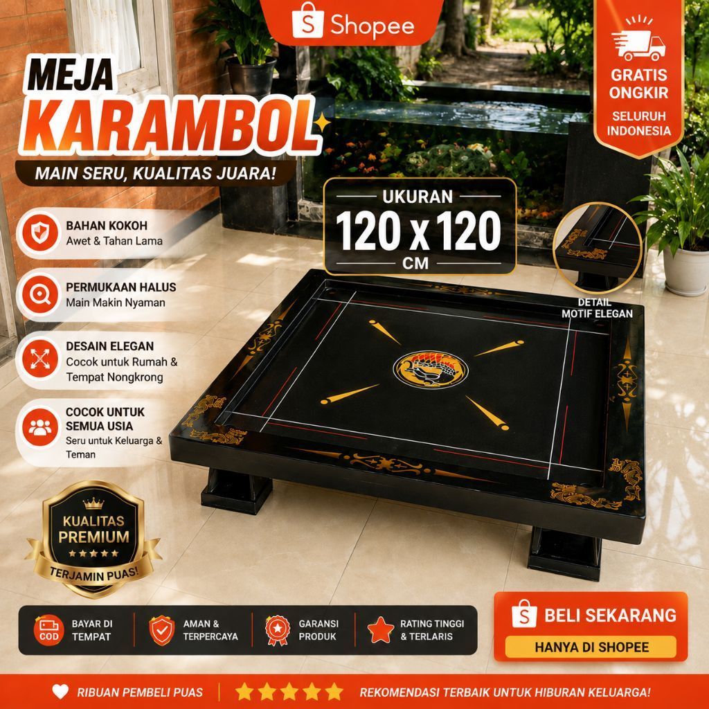 Papan Karambol Jumbo 120x120cm Plywood Tebal | Meja Karambol Kayu Premium | Cocok Anak & Dewasa
