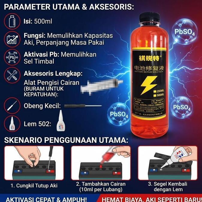THUNDEX Cairan Perbaikan Aki 500ml - Obat Aki Drop Mobil Motor - Battery Repair Solution - Free Alat