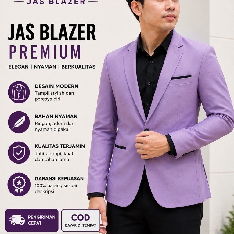 Setelan Jas Blazer Pria Lilac 3 Pcs – Jas, Rompi & Celana Premium Bahan High Twist, Elegan untuk Wed