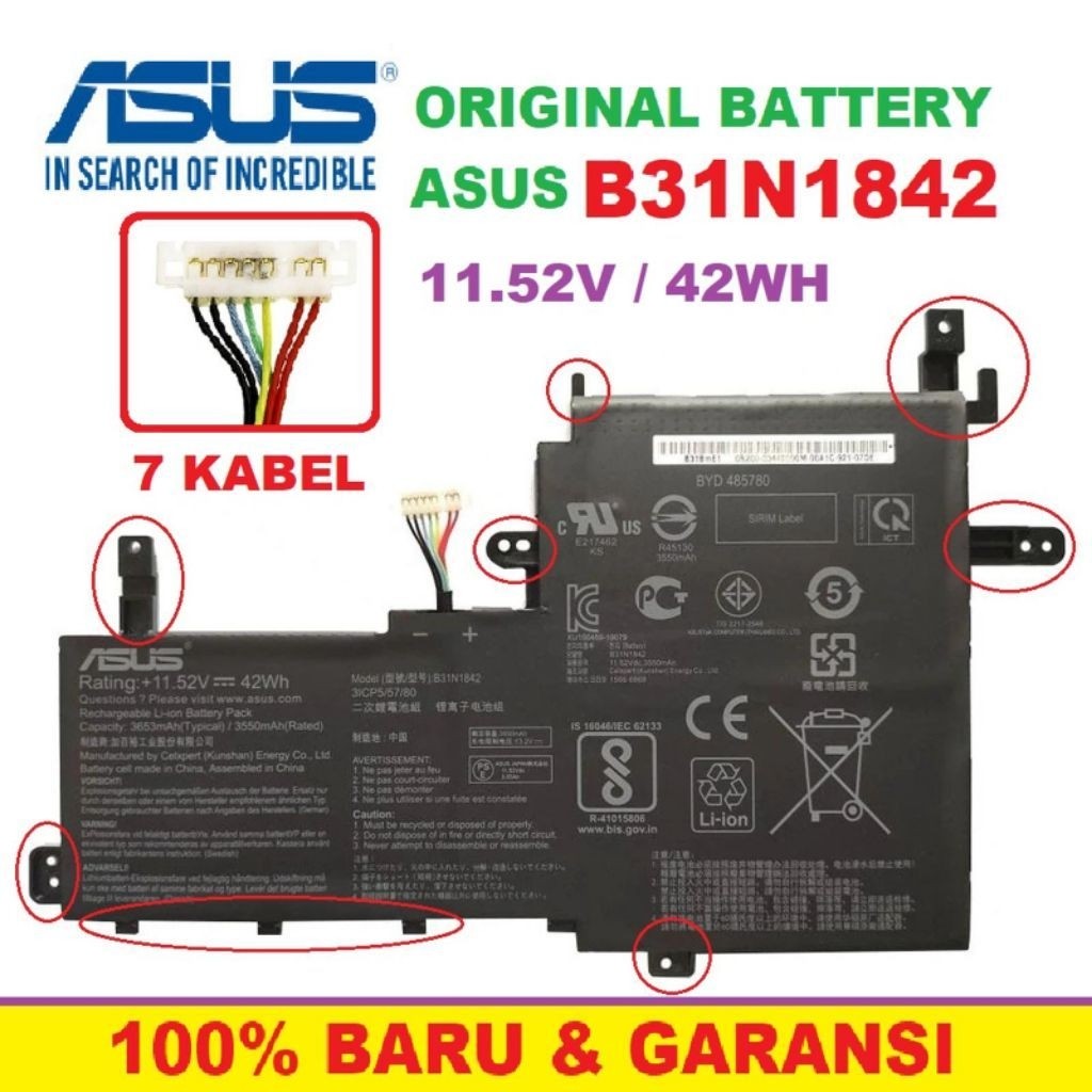BATERAI LAPTOP ASUS X531FA B31N1842 0B200-03440000 3ICP5/57/80 ORI