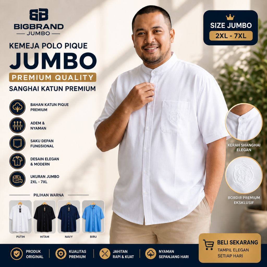 kemeja jumbo polo pique kerah sanghai 2XL-7XL katun pique premium