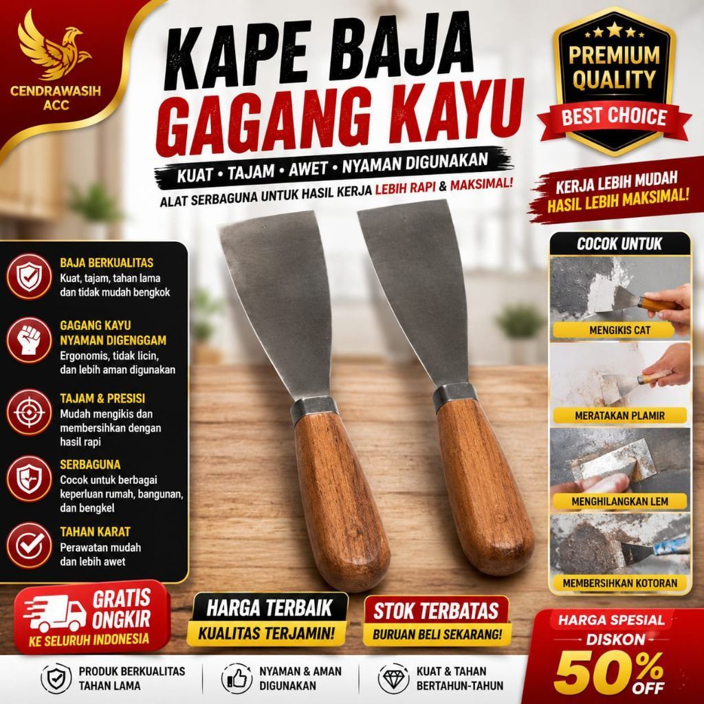 Kape Baja Gagang Kayu | Kape Besi Scraper Semen Cat Dempul | Alat Tukang Bangunan Serbaguna