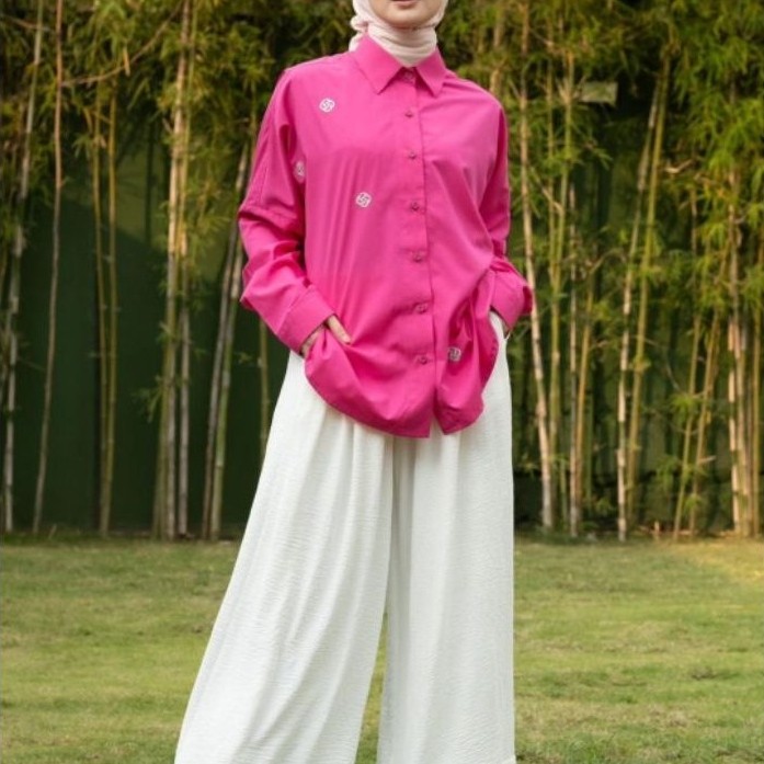 KEMEJA WANITA LENGAN PANJANG FEEHA EMBROIDERY SHIRT FUCHSIA || DEENAY STYLE