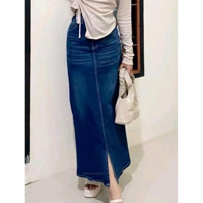 Ceesa Rok Span Jeans Skirt Panjang  Belah Depan Uk Standar Wanita Denim Casual