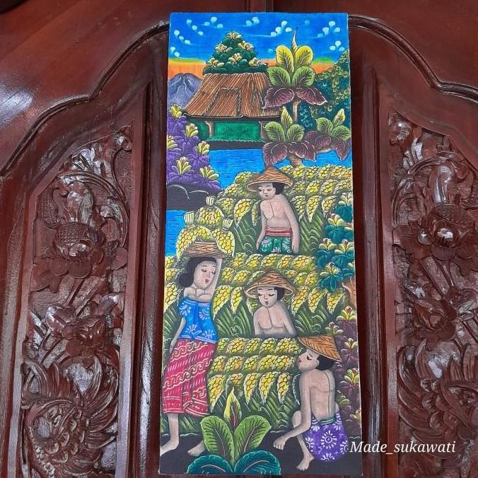 :<:<:<:<] Lukisan Kanvas Panen padi tradisional bali 50cm x 20cm