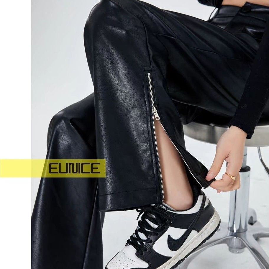 Celana Kulit Highwaist Zipper Straight Leg Pants Faux Leather Terbaru