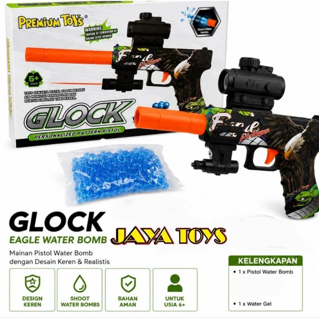 Mainan Pistol Glock Peluru Jel Air Water Gel Blaster Gel Ball Gun Motif Custom Aksen Scope & Senter 