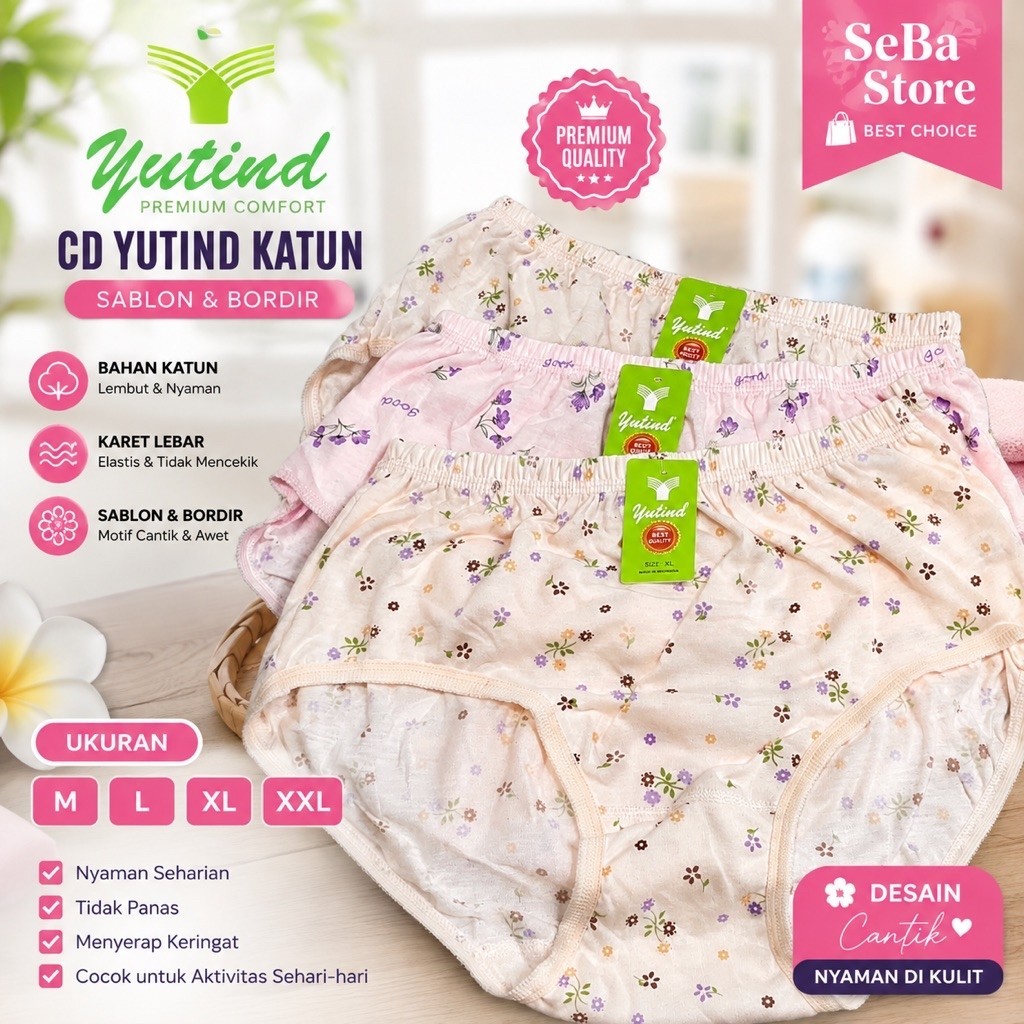 6Pcs Cd Yutind Sablon Bordir / Celana Dalam Wanita Yutind Katun Karet Lebar / Cd Dewasa Motif / Cd Y