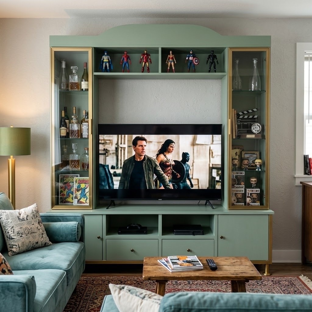 Rak TV Wall Unit Hijau dengan Laci dan Buffet TV Kaca untuk Televisi dan Dekorasi Ruang Tamu / IMPOR