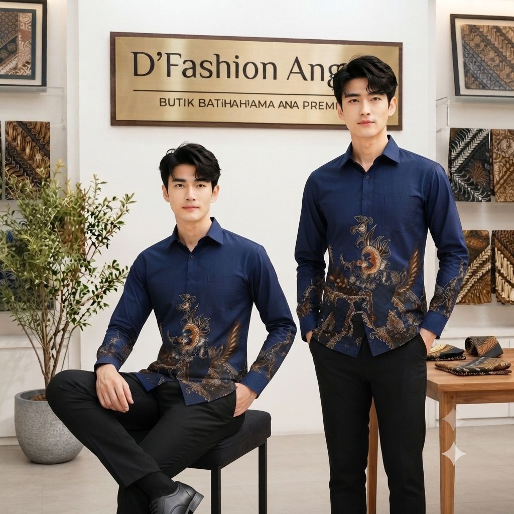 Kemeja Batik Pria  Warna Navy / biru Dongker Lengan Panjang & Pendek Bahan Katun Printing Premium Mo