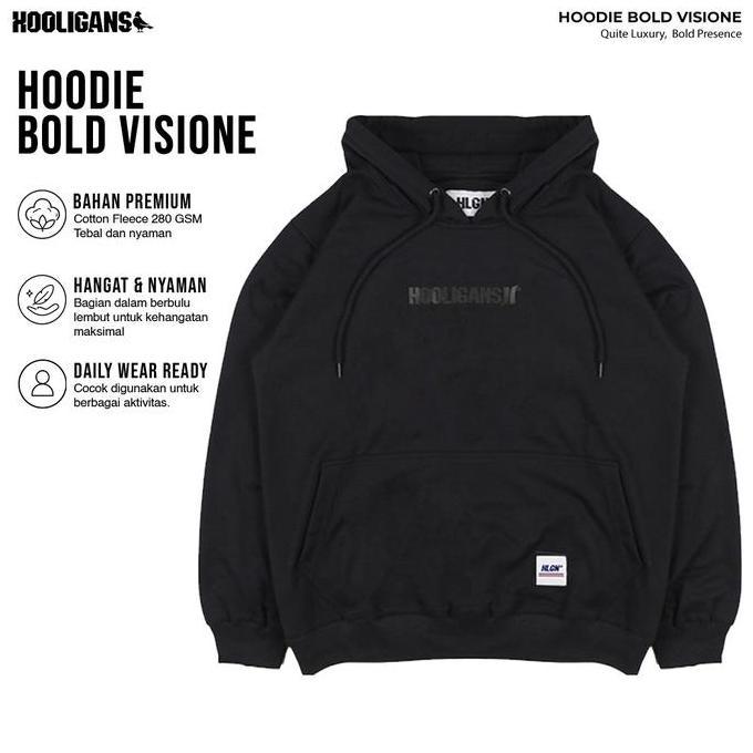PROMO!!! HOOLIGANS Hoodie Bold Visione 22.1 - Black Fleece Sweater Hitam Panjang Pria Nyaman lokal b