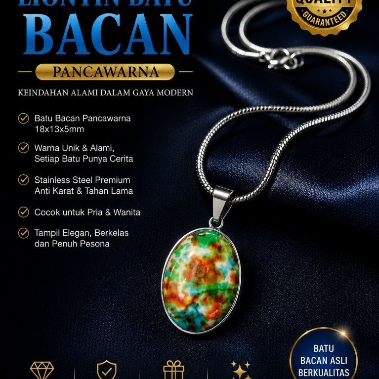 kalung stanlis liontin batu bacan (batu cantik) pancawarna 18x13mm