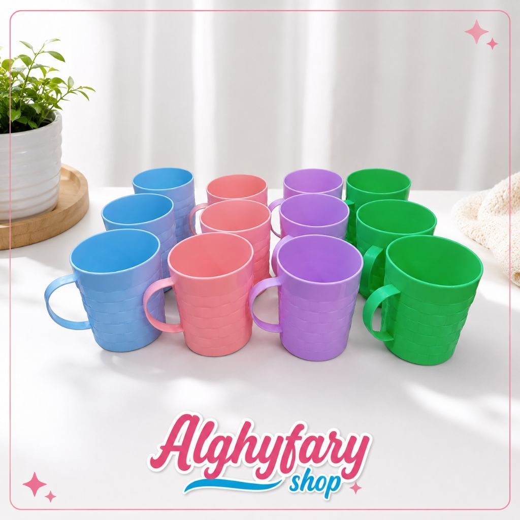 Gelas  Plastik Motif Anyaman mug gagang warna warni