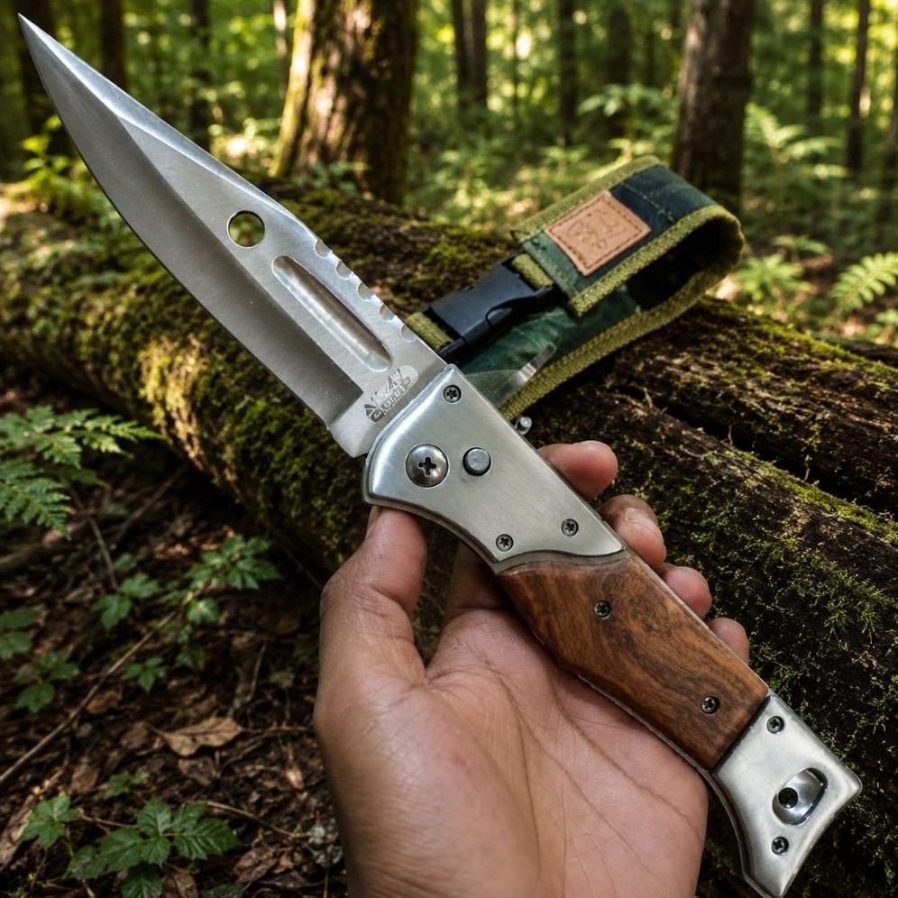 Pisau Lipat AK-47 CCCP Bilah Stainless Steel dengan Handle Kayu dan Sheath