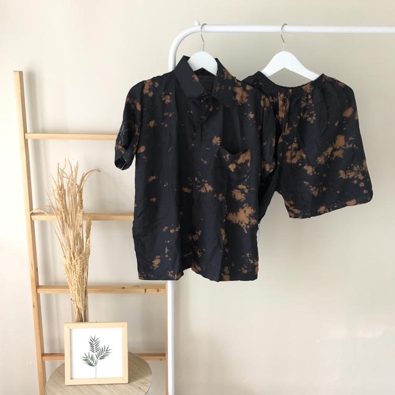 PROMO TERBARU One Set Setelan Atas Bawah Pendek Tie Dye Pria Wanita Full Kancing
