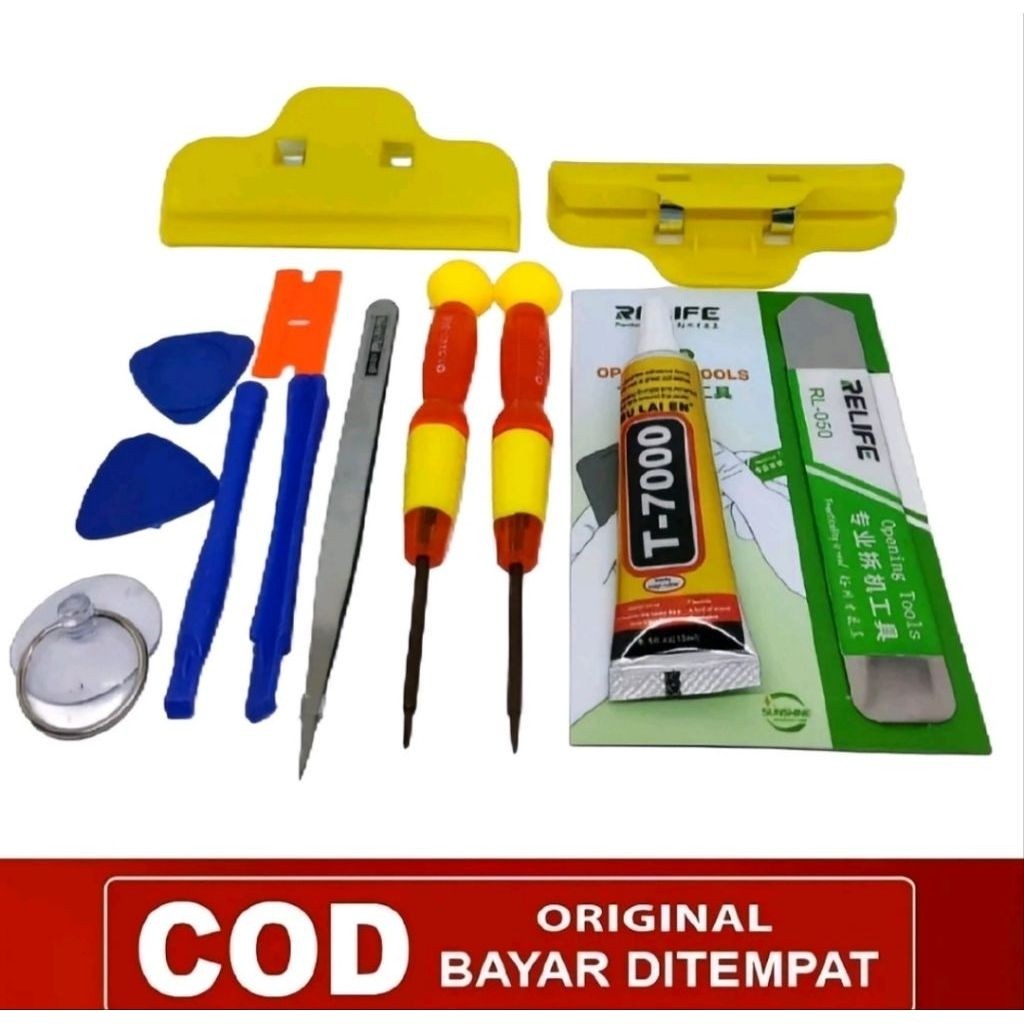 Obeng 10 in 1 + lem T7000 15 ml + 2 jepitan LCD + Congkelan LCD obeng Hp Obeng Alat bongkar hp