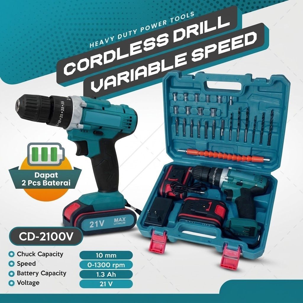 Bor Orion Cordless Drill 21V - 2 Baterai, Koper, dan Set Mata Bor
