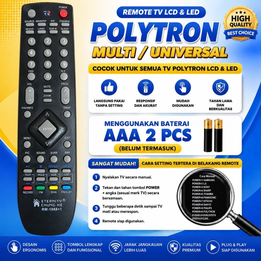 REMOT REMOTE TV POLYTRON LCD LED MULTI / UNIVERSAL CUNGHE RM-1888+1