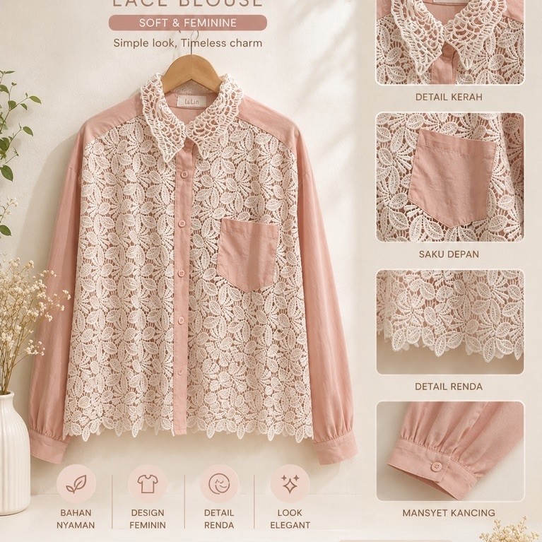 Nadia Set Tunik Wanita Kerah Shang Hai Lengan Panjang Model Floral