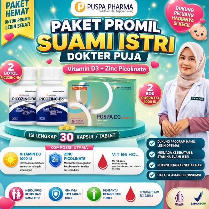 Hiha- {Spesial Dokter Puja} Paket Promil Suami Istri - Puspa D3 Vitamin D3 1000 + Picozinc - B6 (Zin