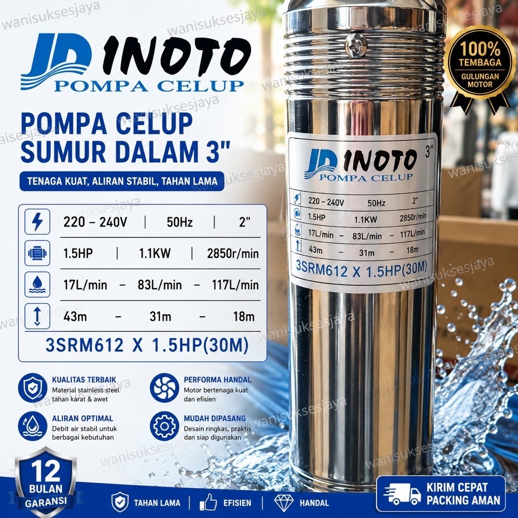 Pompa Sibel Sawah Submersible Inoto 3in 1.5hp Output 2in 3SRM612 3dim 3 in dim SRM612 SRM 612 Pompa 